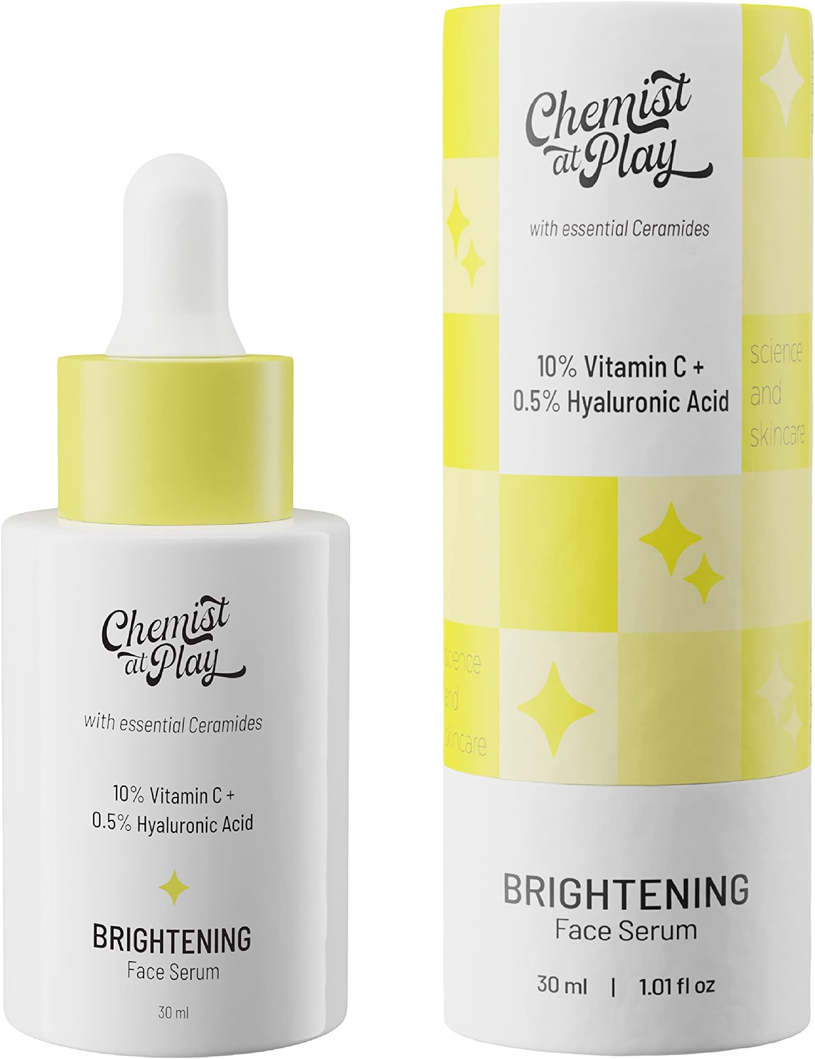 Chemist at Play 10% Vitamin C Skin Brightening Face Serum Even Skin Tone and Glow Treats Hyperpigmentation and Fades Facial Spots Contains Hyaluronic Acid and Ceramides For Combination Skin 30 ml