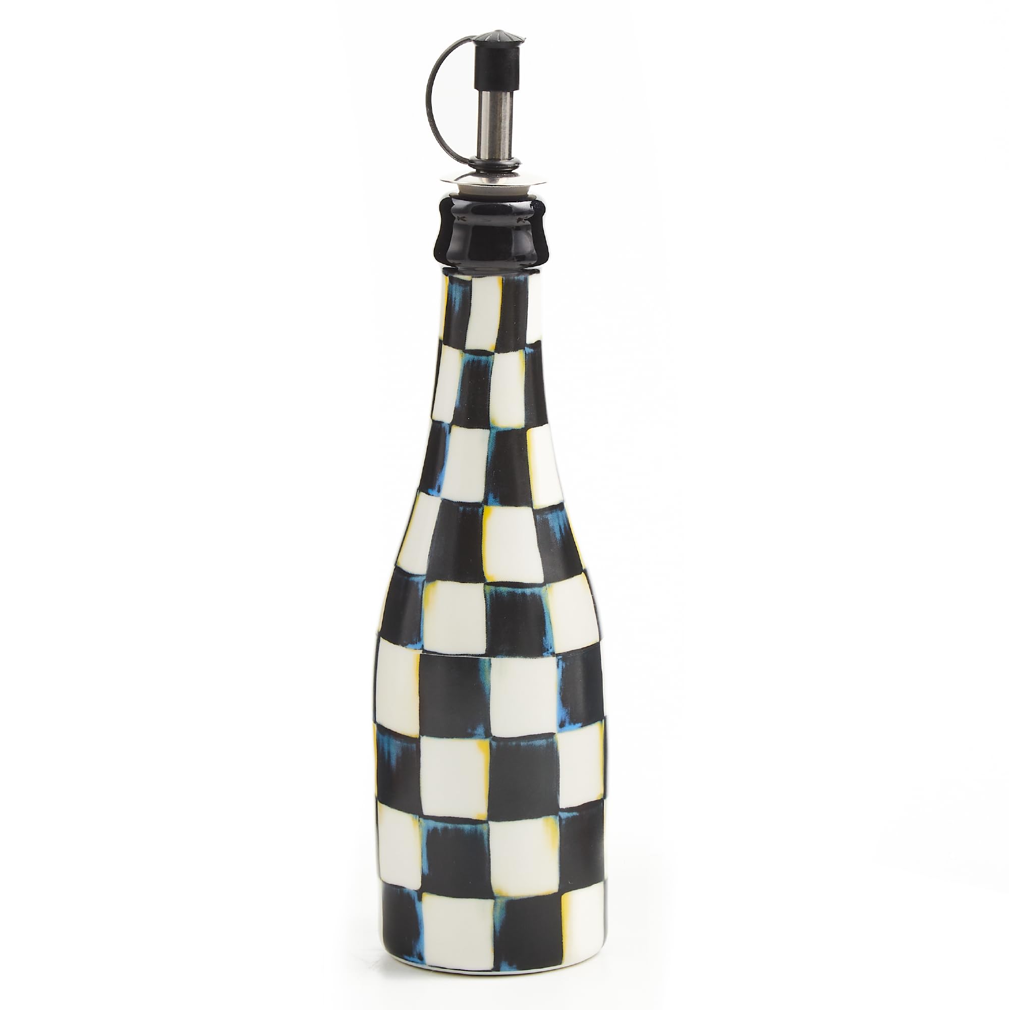 MACKENZIE-CHILDS Farmhouse Oil Cruet, Ceramic Oil-Dispenser Bottle, Black-and-White Courtly Check