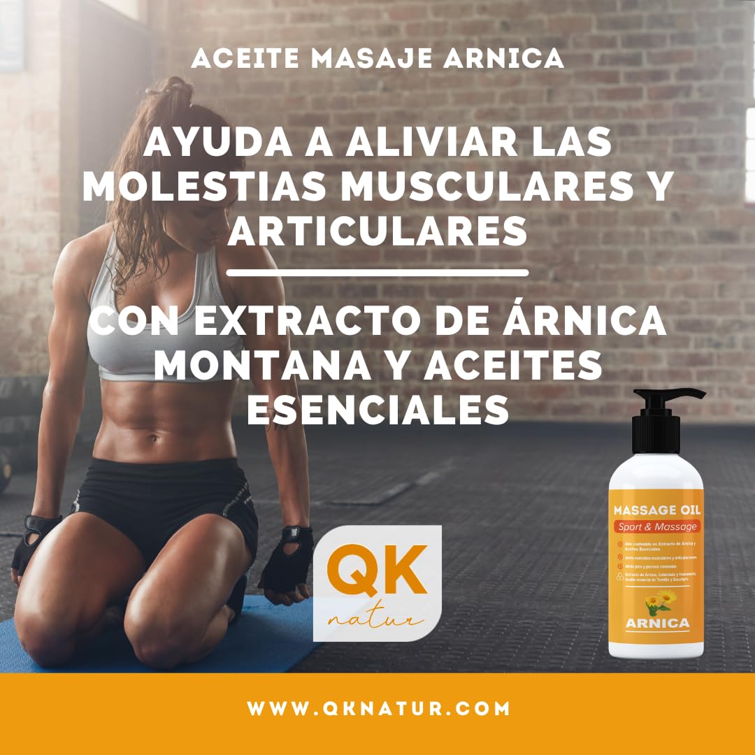 QKnatur - Aceite para masaje con extracto de Arnica, Calendula y Hamamelis (250 ml) - Ideal para masajes en musculos, espalda, hombro, pies, rodilla, contracturas - Rápida Absorción