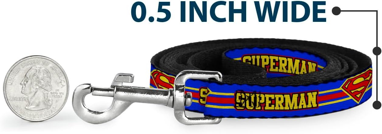Dog Leash Superman Shield Stripe Blue Yellow Red 6 Feet Long 1.5 Inch Wide