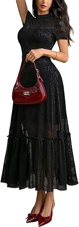 GothDark Women's Lace Floral Short Sleeve Elegant Bodycon Party Midi Dress | Mock Neck, Ruffled Hem, High Waist, Double Layer, Soft Lining, Vintage Cocktail Night Out Outfit