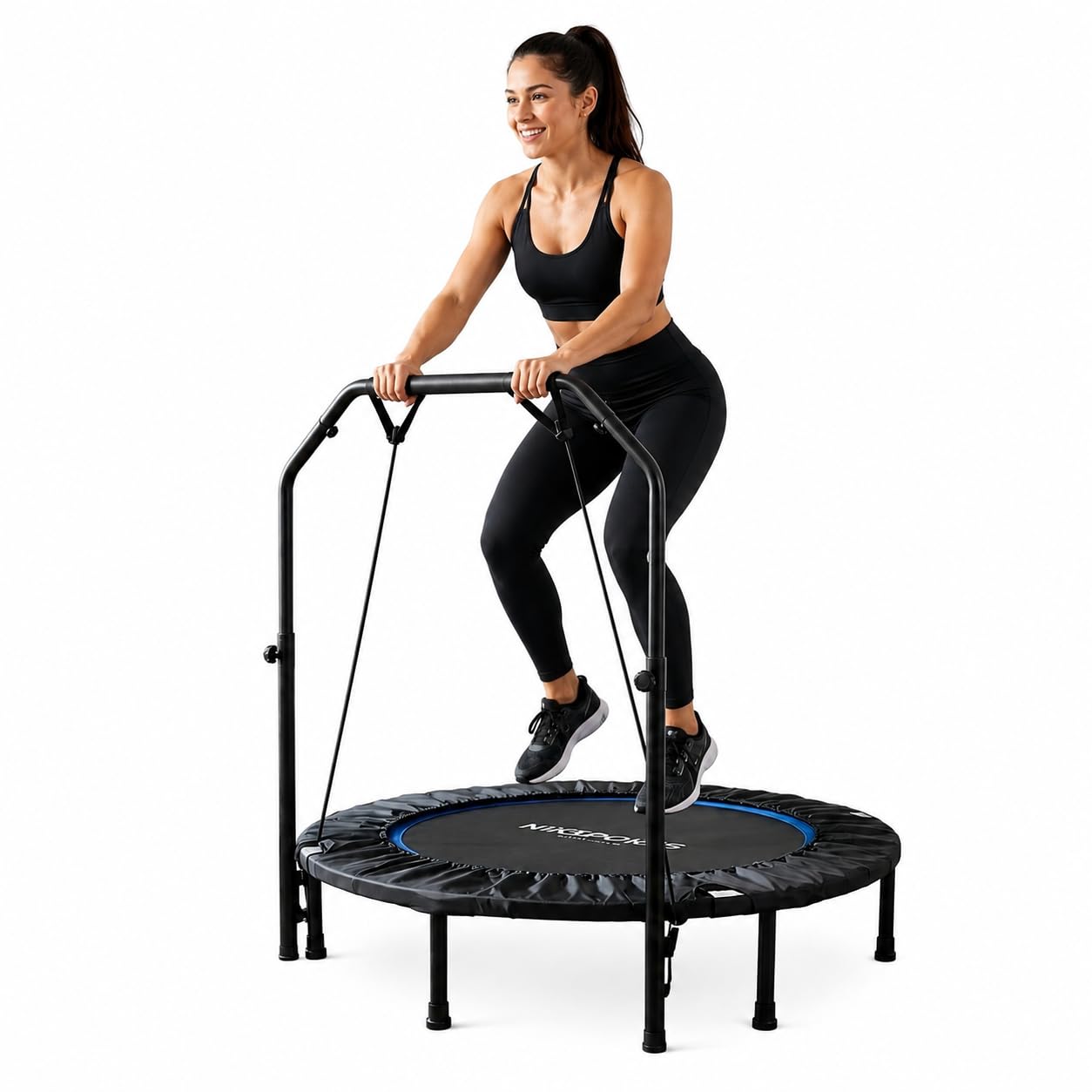 Trampolín Fitness 3 en 1 con Barra Ajustable y Bandas de Resistencia – Cuerdas elásticas silenciosas, Superficie Antideslizante, Entrenamiento Cardio y Fuerza para casa