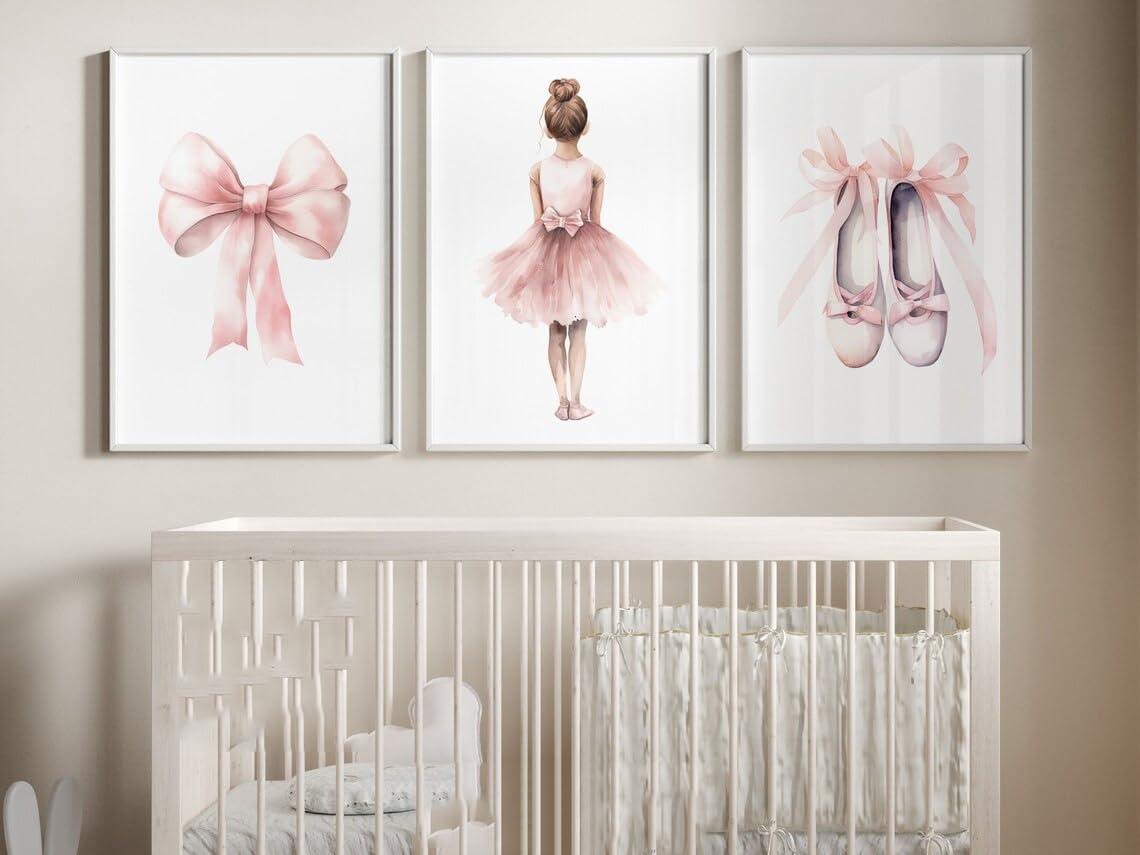 NATVVA Baby Girls Ballet Canvas Painting 3 Pieces Pink Girl's Room Dancer Posters Bow Dancing Shoes Prints Wall Art Pictures for Ballerina Nursery Decor With Wooden Inner Frame