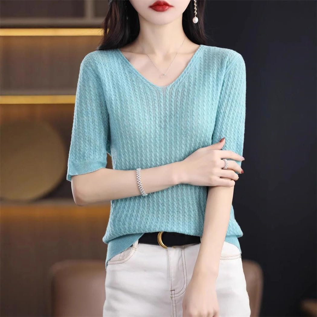 Women's V-Neck Sweater Twisted Knit Top Loose Fit Solid Color Pullover Soft Casual Shirt