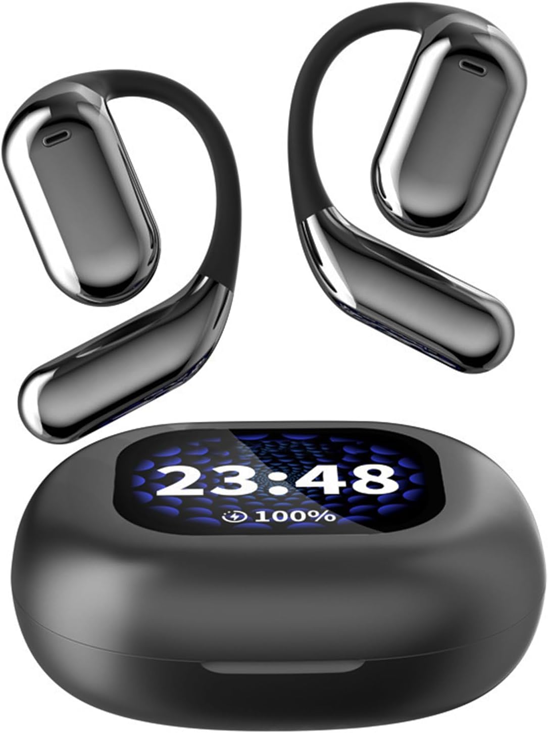 Touchscreen LCD Open Over the Ear Bone Conduction Smart Earbuds Wireless Bluetooth Earphone with Touch Screen Case and Earhooks that don't Go in Your Ear