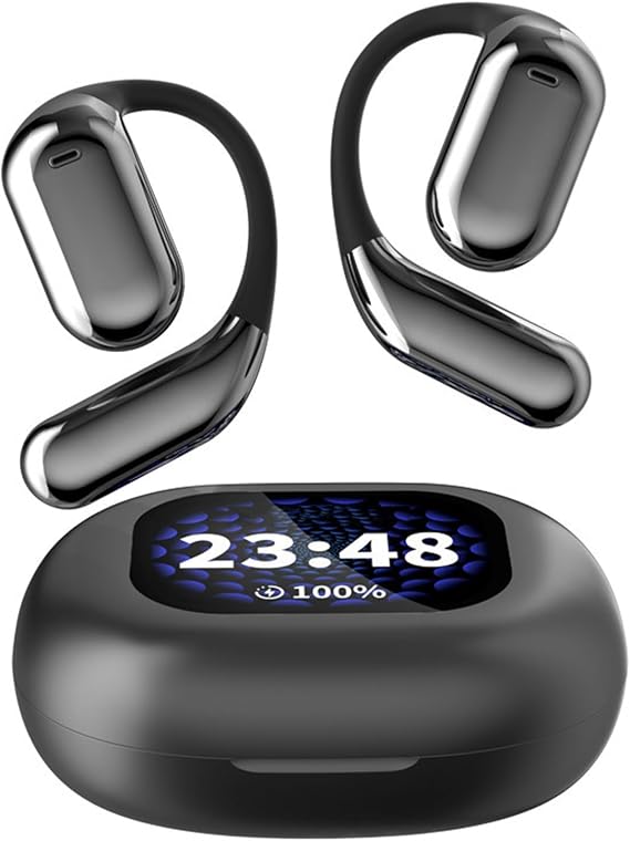 Touchscreen LCD Open Over the Ear Bone Conduction Smart Earbuds Wireless Bluetooth Earphone with Touch Screen Case and Earhooks that don't Go in Your Ear