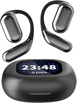 Touchscreen LCD Open Over the Ear Bone Conduction Smart Earbuds Wireless Bluetooth Earphone with Touch Screen Case and Earhooks that dont Go in Your Ear