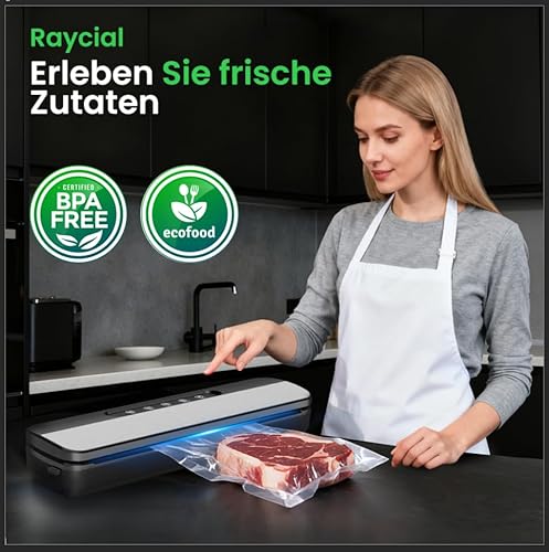 Raycial Vakuumiergerät 7 in 1, 145W Vakuumierer für kontinuierliches Arbeiten mit hoher Geschwindigkeit, Folienschweißgerät Vakuumiergerät für Lebensmittel mit 10 Vakuumier-Beutel und Schlauch