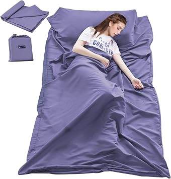 Lightweight Sleep Sack, Compact Sleeping Bag Liner Travel Sheets for Hotel | Soft Breathable Adult Sleep Sack, 4 Season Travel Sheet for Hostel Camping Backpacking Hiking, Machine Washable, 3 Sizes