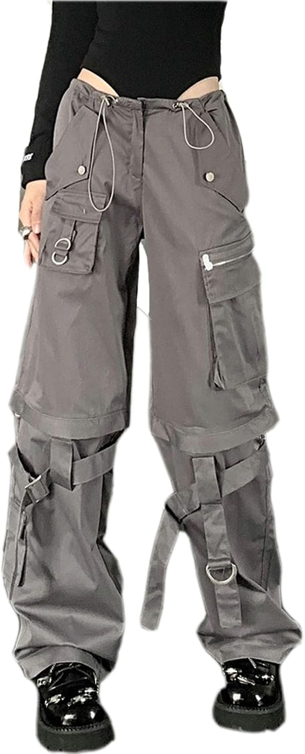 MEINVQIAOTI Goth Pants Street Dance Streamer Functional Cargo Pants for Women Detachable Two-Piece techwear Pants Women
