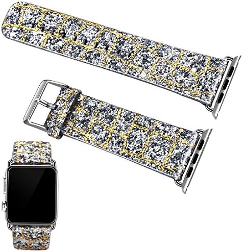 Moonooda Glitter Watch Band Replacement for Apple Watch Bands 42mm 44mm Women Girl Cute Bling Sparkle Strap Wristband Compatible with iWatch Series SE 6 5 4 3 2 1, Silver and Gold