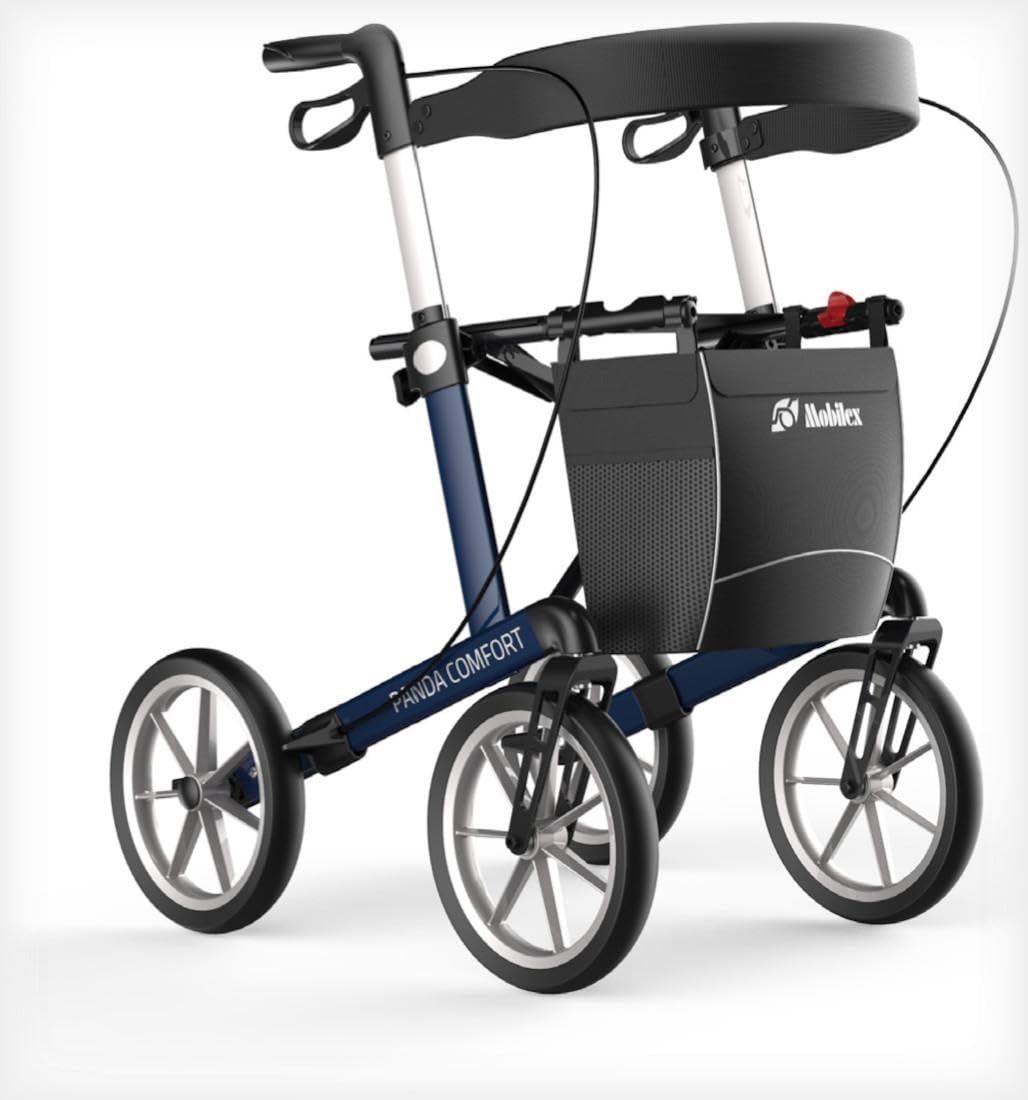 FabaCare Outdoor-Rollator mit Vollausstattung und Feststellbremse, Leichtgewichtrollator Panda Comfort mit Softrädern, Indoor-Rollator, faltbar, abnehmbare Tasche, Rückengurt, Stockhalter, Farbe blau