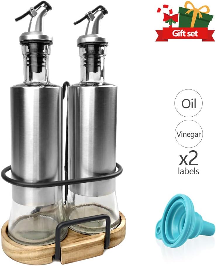 Olive Oil Dispensers, UPRA Olive Oil and Vinegar Pourer Bottles Set with Rack, No-Drip Spouts Dishwasher-Safe Kitchen Cooking Oil Cruet Bottles/Oil Container for Kitchen, Pack of 2, 300ML