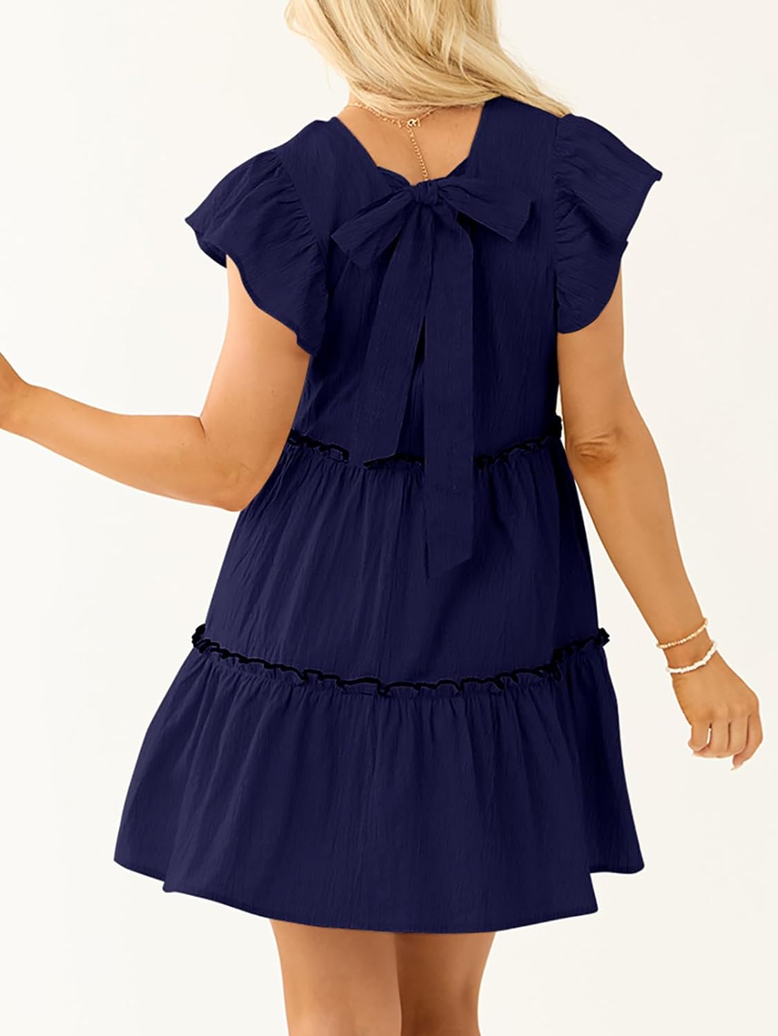 Women’s Summer Babydoll Mini Dress V Neck Tie Back Ruffle Sleeve Casual Tiered Loose Flowy Swing Tunic Shift Dress - Image 2