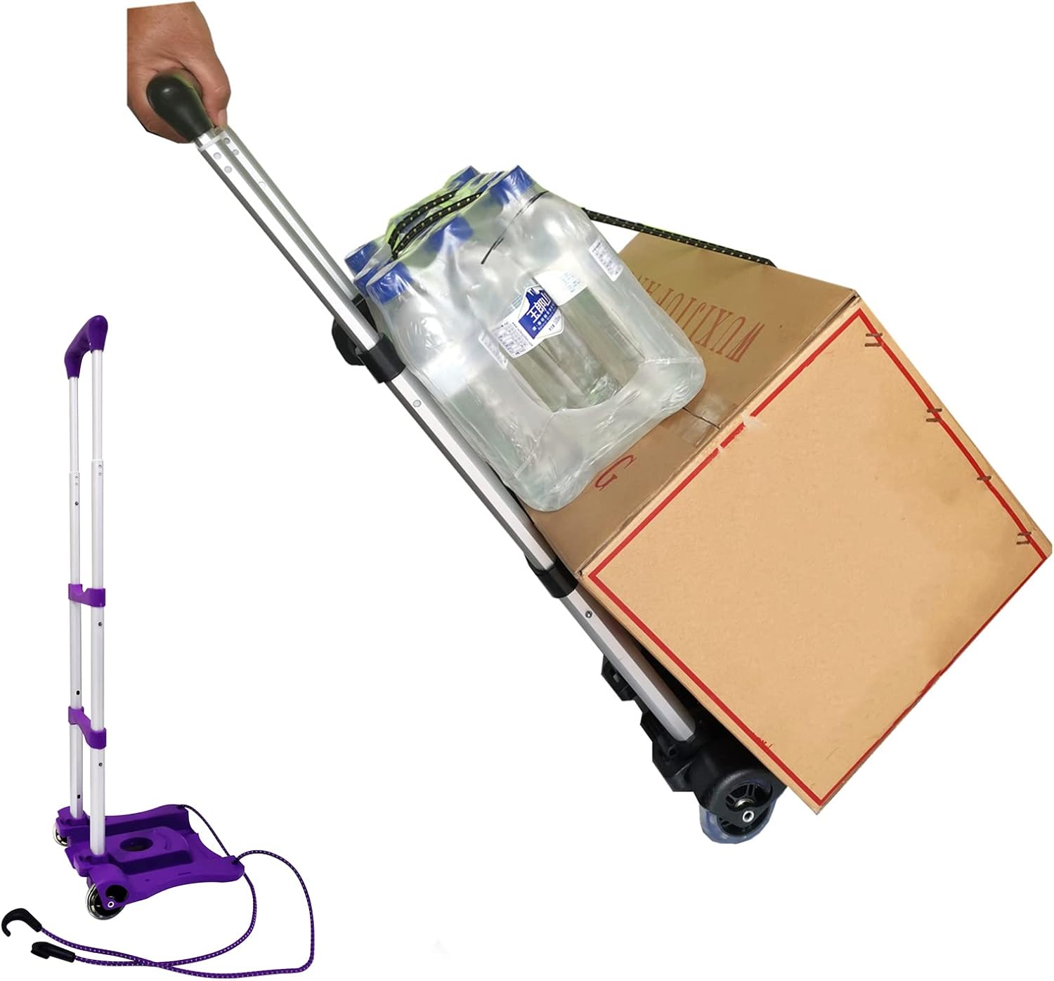Folding Hand Truck and Dolly, 80lbs Collapsible Aluminum Folding Hand Trucks with 2 Elastic Ropes, Compact & Lightweight Folding Luggage Cart for Home & Travel Luggage Moving – Purple
