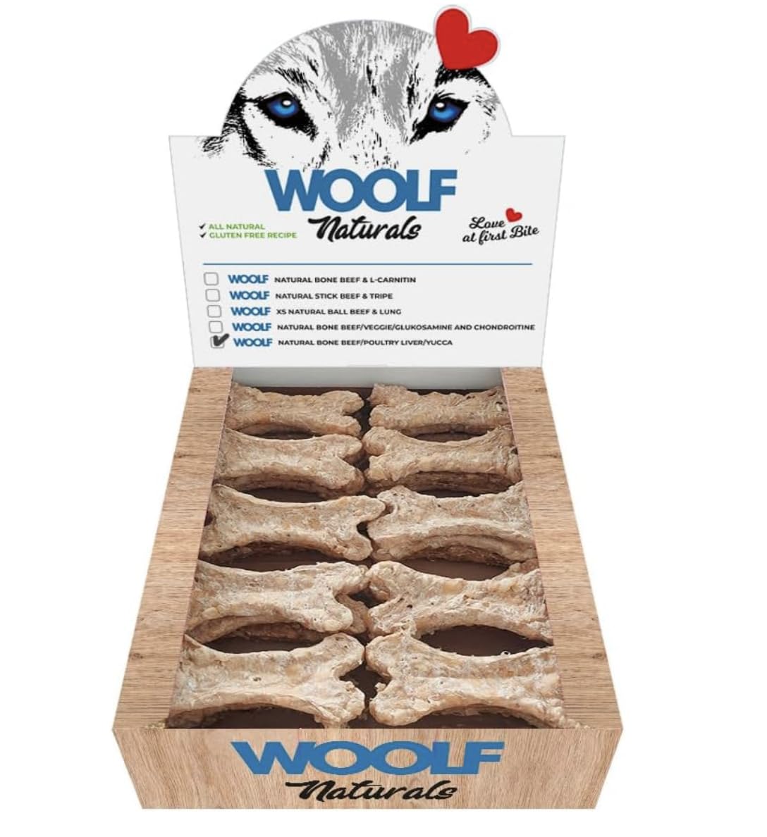 Huesos Perros - Sabor Ternera - Snacks Naturales Digestivos - Dog Treats Salud Digestiva - con Yuca Probióticos Glucosamina Condroitina - Control Peso Articulaciones - Caja 30 Uds - Woolf Naturals