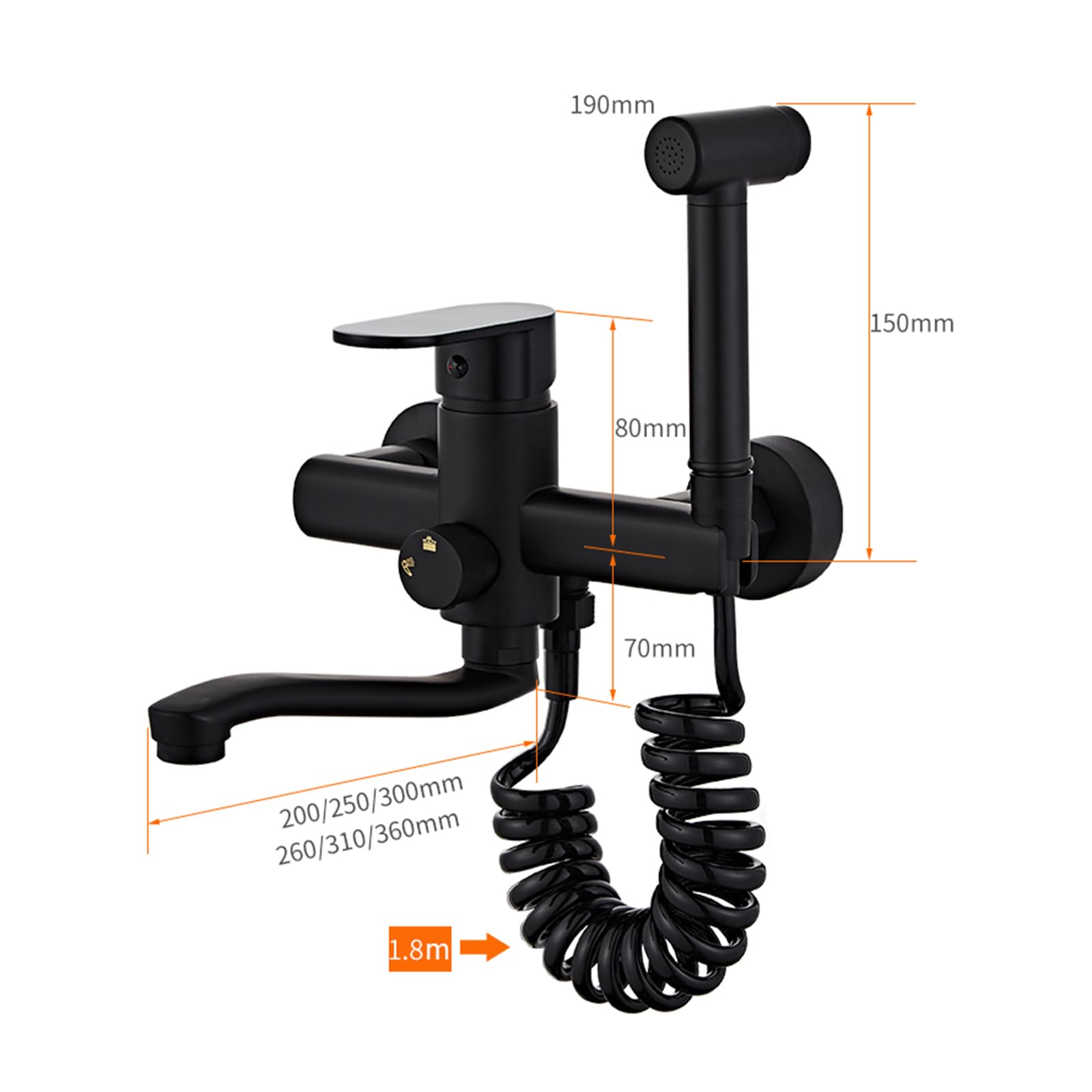 Czarny ścienny kran kuchenny z obrotowym pistoletem natryskowym o 360° podwójna funkcja ciepła i zimna woda 20 cm długość wylewki nowoczesny design dla łatwego użytkowania