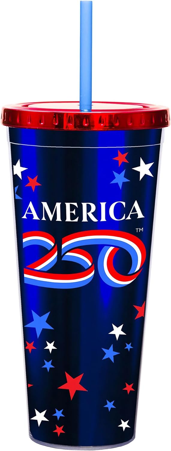 Spoontiques America 250 Foil Cup - 20oz Acrylic Foil Cup with Straw - Metallic Locking Lid - Double Wall Insulated and BPA Free