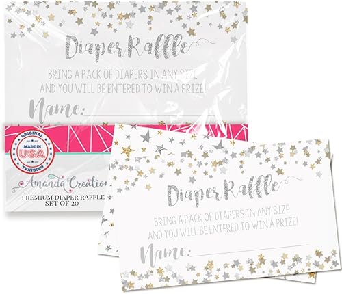 Amanda Creation Gold & Silver Twinkle Little Star - Boletos para rifas de pañales neutrales de género para baby showers, 20 insertos de doble cara