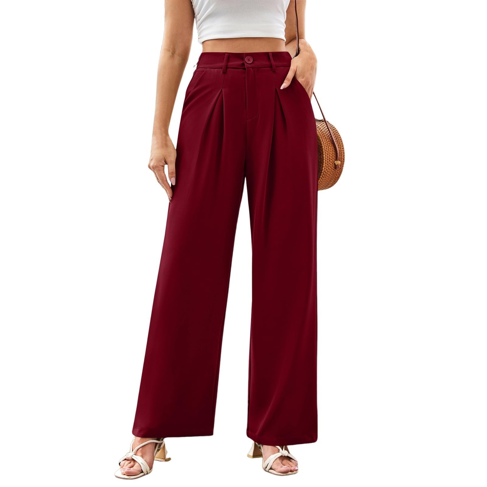 Wide Leg Dress Pants for Women Pleated High Waisted Palazzo Pants Comfy Work Pants Petite Formal Pants with