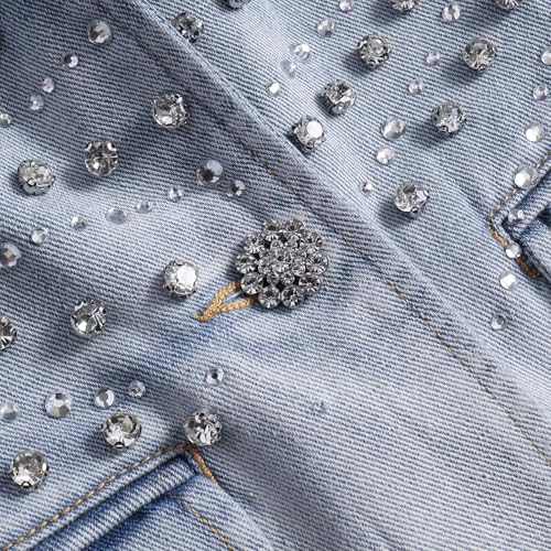 Women's Rhinestone Denim Suit Business Casual Pointed Collar Lapel Front Pocket Fall Winter Denim Jacket4