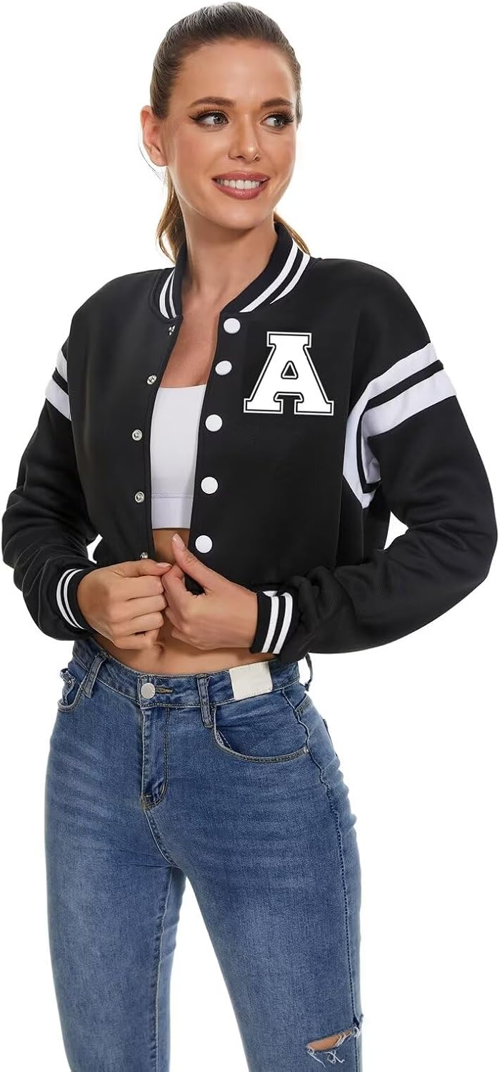 Women's Baseball Varsity Jacket Vintage Crop Top Letter Print College Letterman Coat Bomber Jackets - Image 4