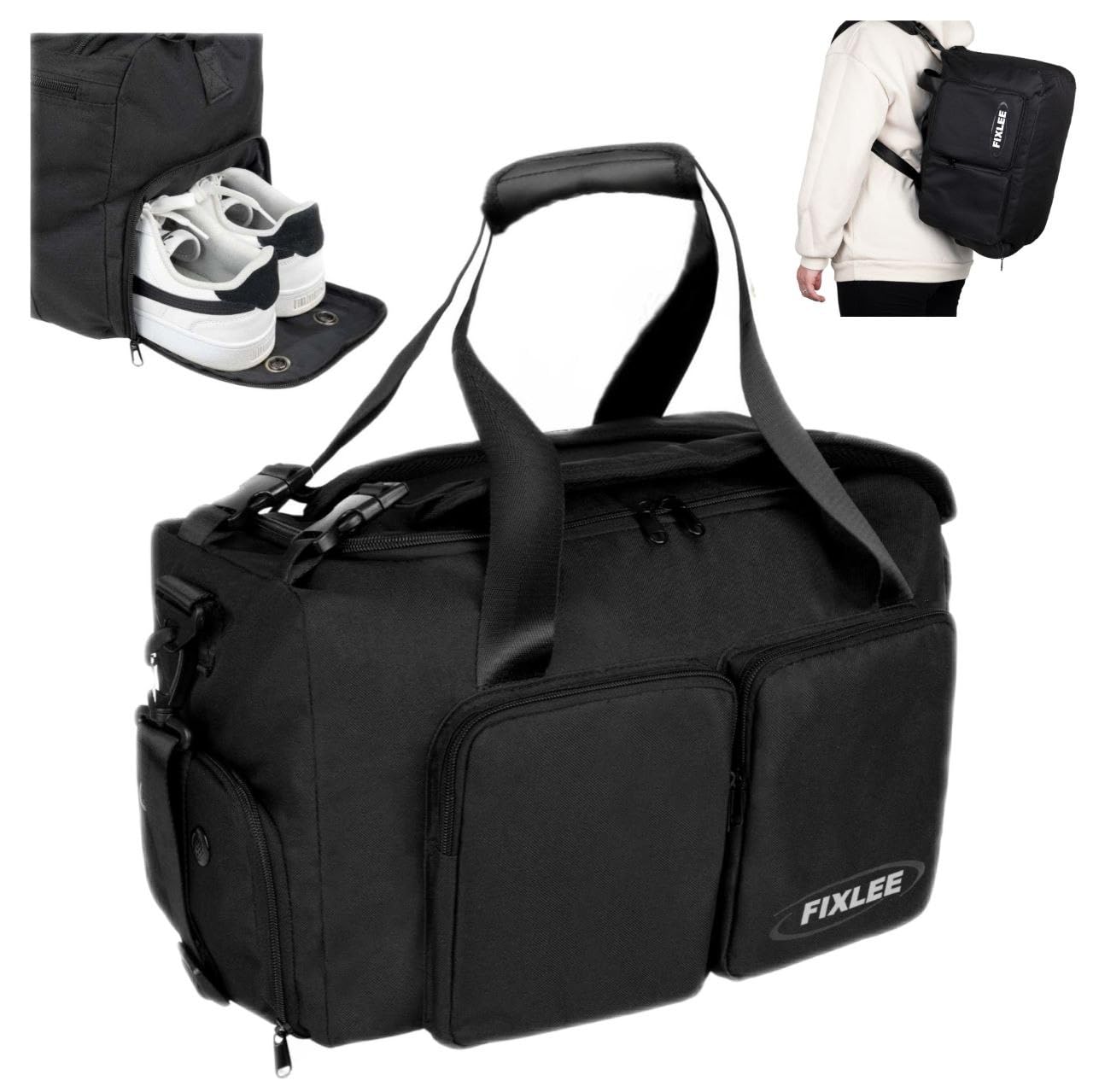 FIXLEE 30L Travel Sports Gym Duffle Bag for Men and Women with Shoe & Wet Compartments, Camping Weekend Black Backpack, Crossbody Cabin Duffel Bag, UK Brand, Waterproof Multifunctional Bag