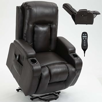 Large PU Leather Power Lift Recliner Chairs with Massage and Heat for Elderly Big People, Heavy Duty Lay Flat Sleeper Recliner with USB Charging Port, Cup Holders, 350 lbs Capacity Brown+PU Leather