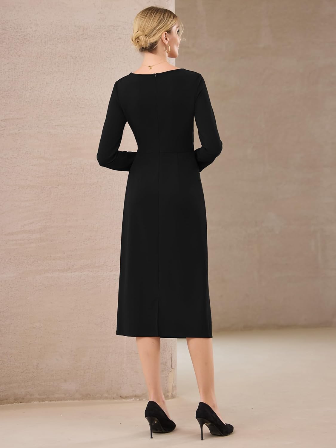 Women's Knee Length Pencil Dress Long Sleeve Tie Waist Church Work Sheath Dresses