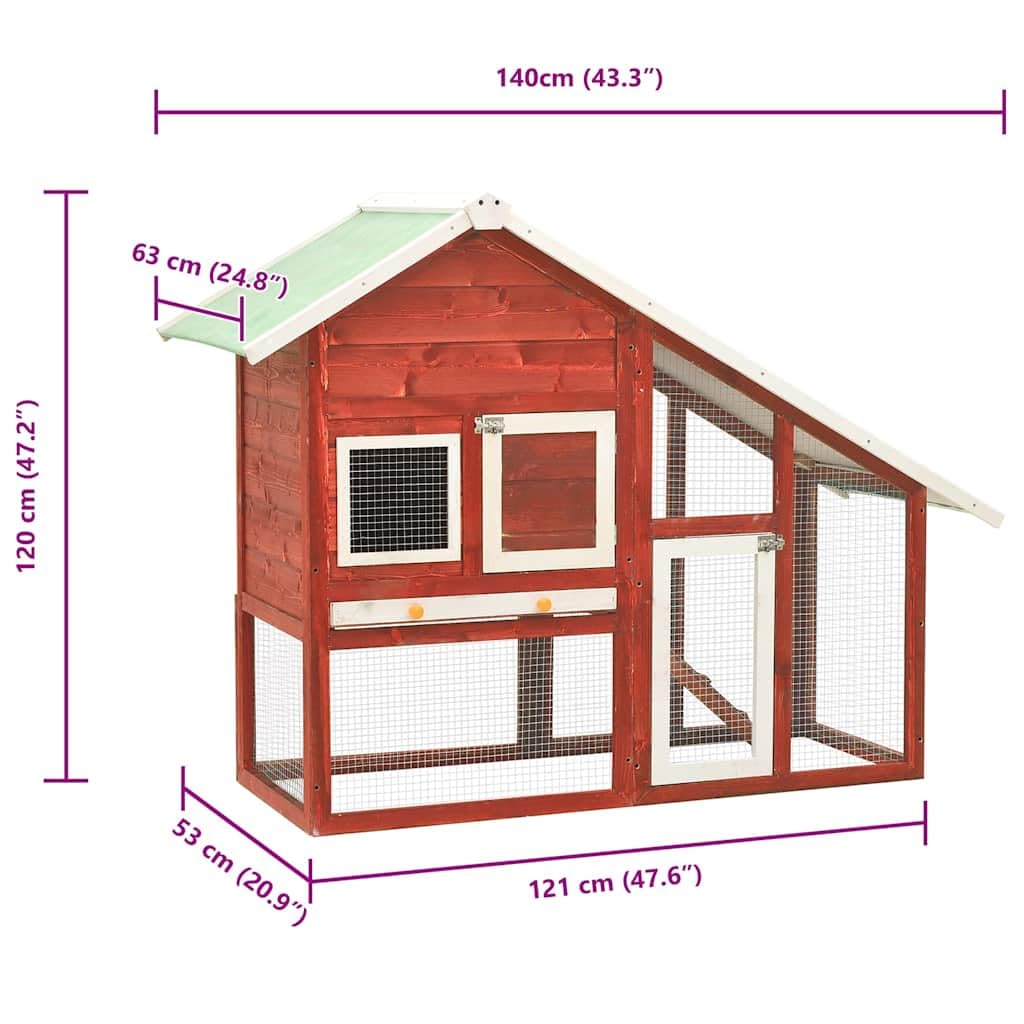 Stajnia dla królików z litego drewna jodłowego, 140 x 63 x 120 cm, z kratką z drutu stalowego, wysuwaną szufladą, antypoślizgowa rampa, czerwono-biała, wybieg dla małych zwierząt dla królików