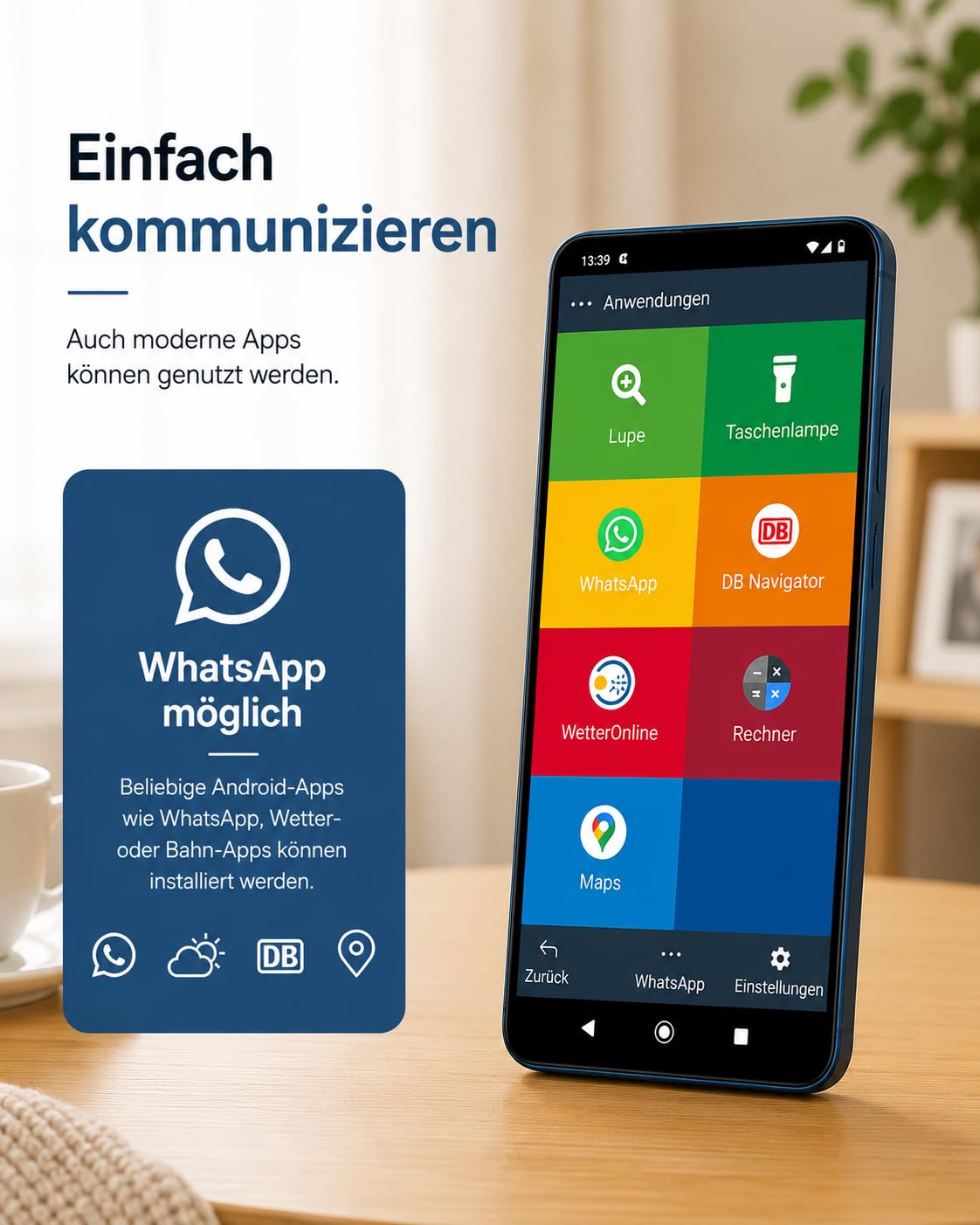 Senior - Smartphone Handy für Senioren – Einfache Bedienung, Große Tasten, Notruf mit GPS, Kamera, Lupe, Hörgeräte-Kompatibel