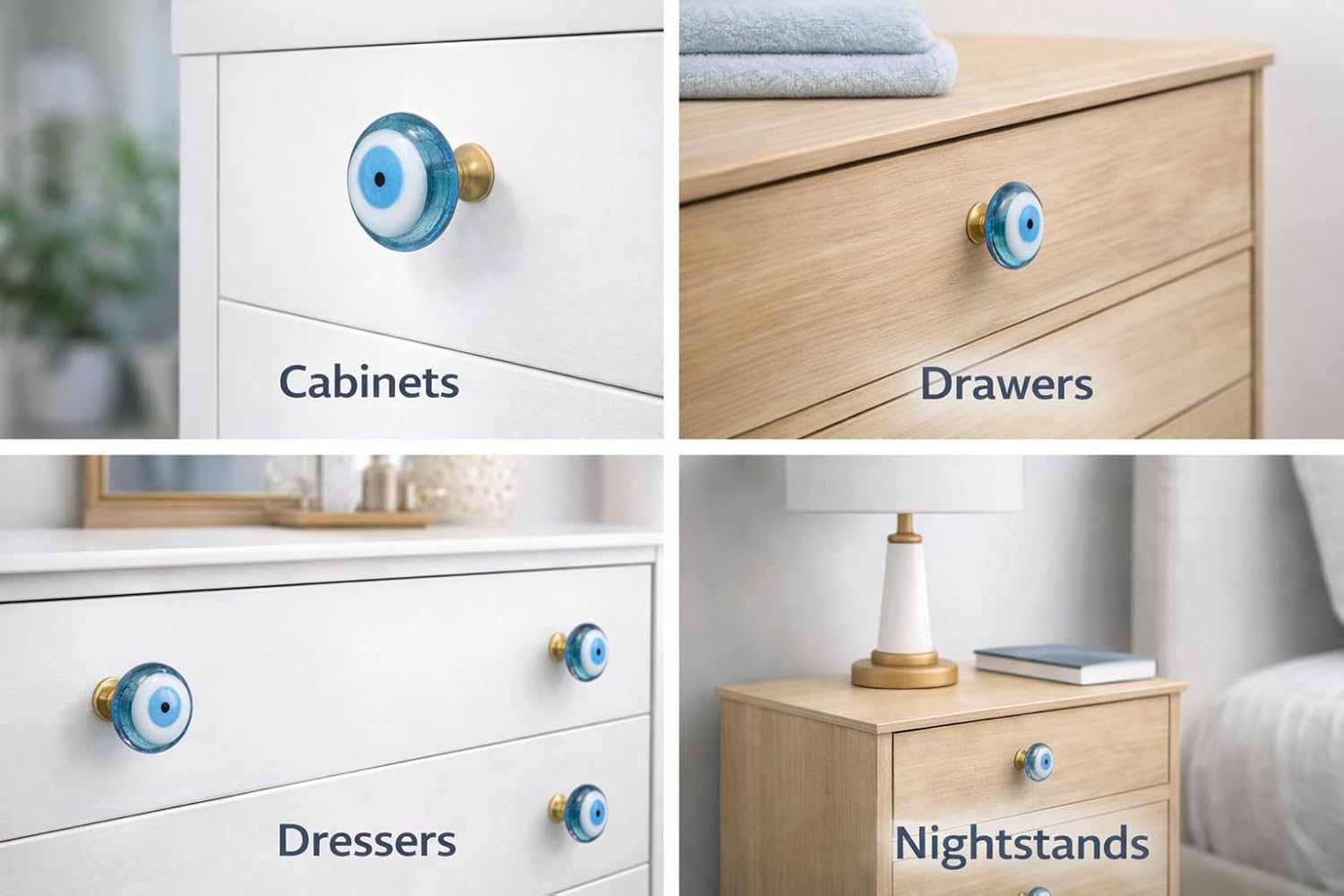 Evil Eye Glass Cabinet Knobs, Handmade Premium Glass with Solid Brass Fitting, Decorative Drawer Knobs, Warbrobe Knobs, Drawer Pulls for Kitchen, Bedroom, Bathroom Furniture (Set of 6)