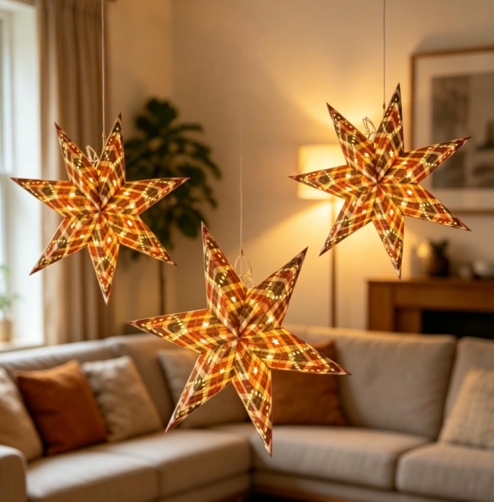 3 faroles de papel a cuadros de 18 pulgadas con luces