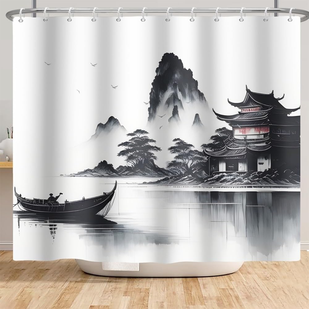 Xiaoterna Traditional Japanese Painting Shower Curtain Japanese Building Asian Ink Painting Shower Curtain Foggy Mountain Boat Wild Goose Outdoor Natural Scenery Bathroom Curtain 240x180cm - Image 4