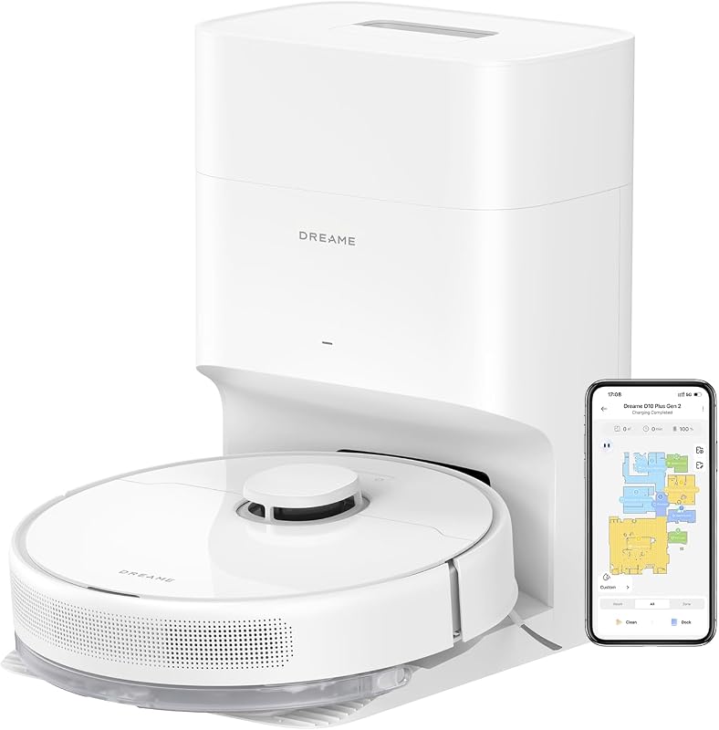DREAME D10 Plus Gen 2 Robot Aspirador y Fregasuelos 2 en 1 con Base Autovaciado, 6.000Pa, LiDAR Navegación, Capacidad de Superar Obstáculos de 20MM, Mapa Multicapa, 5200 mAh Batería, Blanco