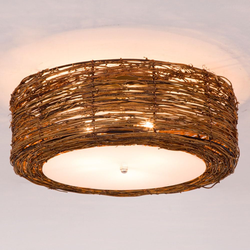 OZBMA Brown Rattan Semi Ceiling Lamp Boho Vintage Lighting Fixtures Lantern Handmade Rustic Art Hanging Round Decoration Flush Mount Light for Living Bedroom Restaurant (size_name 50cm/19.7in)