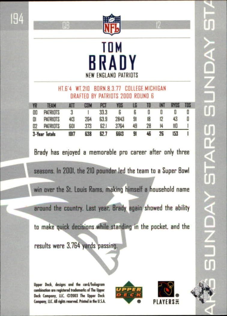 2003 Upper Deck Football Card #194 Tom Brady