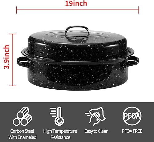 Miniatura 2 de Sartén para asar granito, sartén esmaltada de 19 pulgadas con tapa abovedada. Olla ovalada para pavo, sartén para asar, ideal para pavo, pollo,