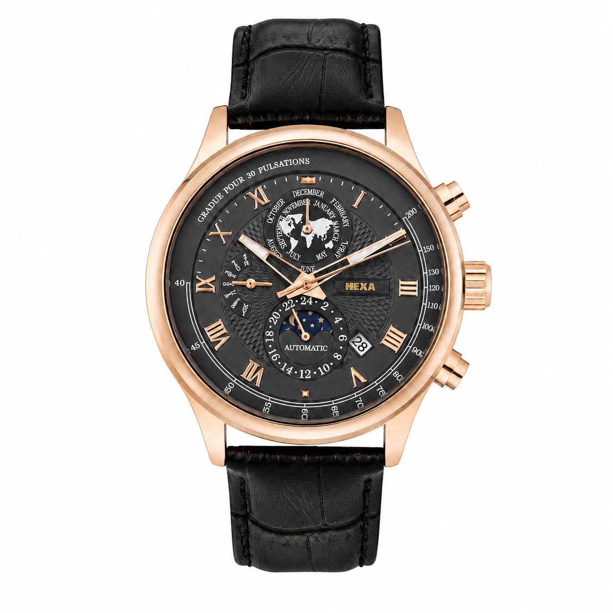 Hustler Automatic Mechanical Watch for Men | Multifunction Analog Dial | Leather Strap | 45mm Round Case | Mineral Glass | 3ATM Water Resistant Luxury Watch-image-44