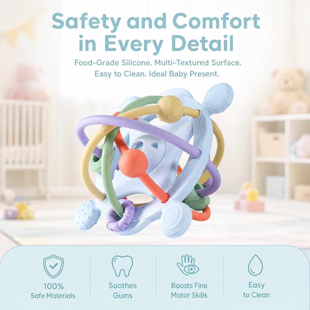 Juguete Mordedor Pelota Bebé, Juguetes Sensoriales para La Dentición Juguete de Denticion Sonajero para Bebe Juguetes Educativo Temprano Montessori para Bebés de 3 a 18 Meses(Azul)