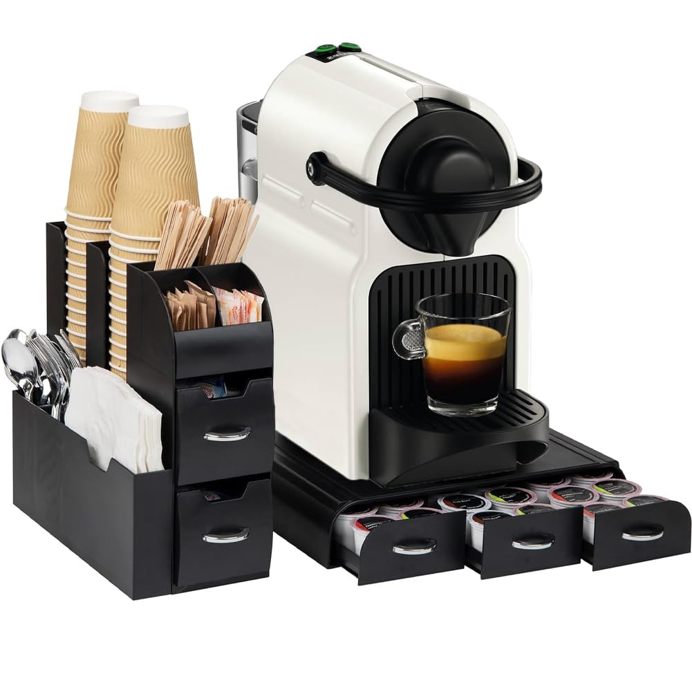 BAKAJI Coffee Station con Contenitore Portacapsule e Cassetto Sotto Macchina Caffè in Plastica Nero, Multiscomparto, Portacialde per Angolo Bar Organizer Organizzatore Porta Capsule Cialde Caffetteria