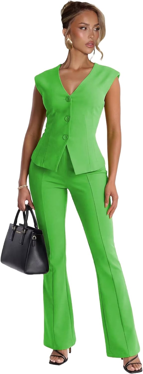 Women's 2 Piece Outfits Summer Single Breasted Vest and Pants Set Women Slim Fit V Neck Pants Suits for Women Casual