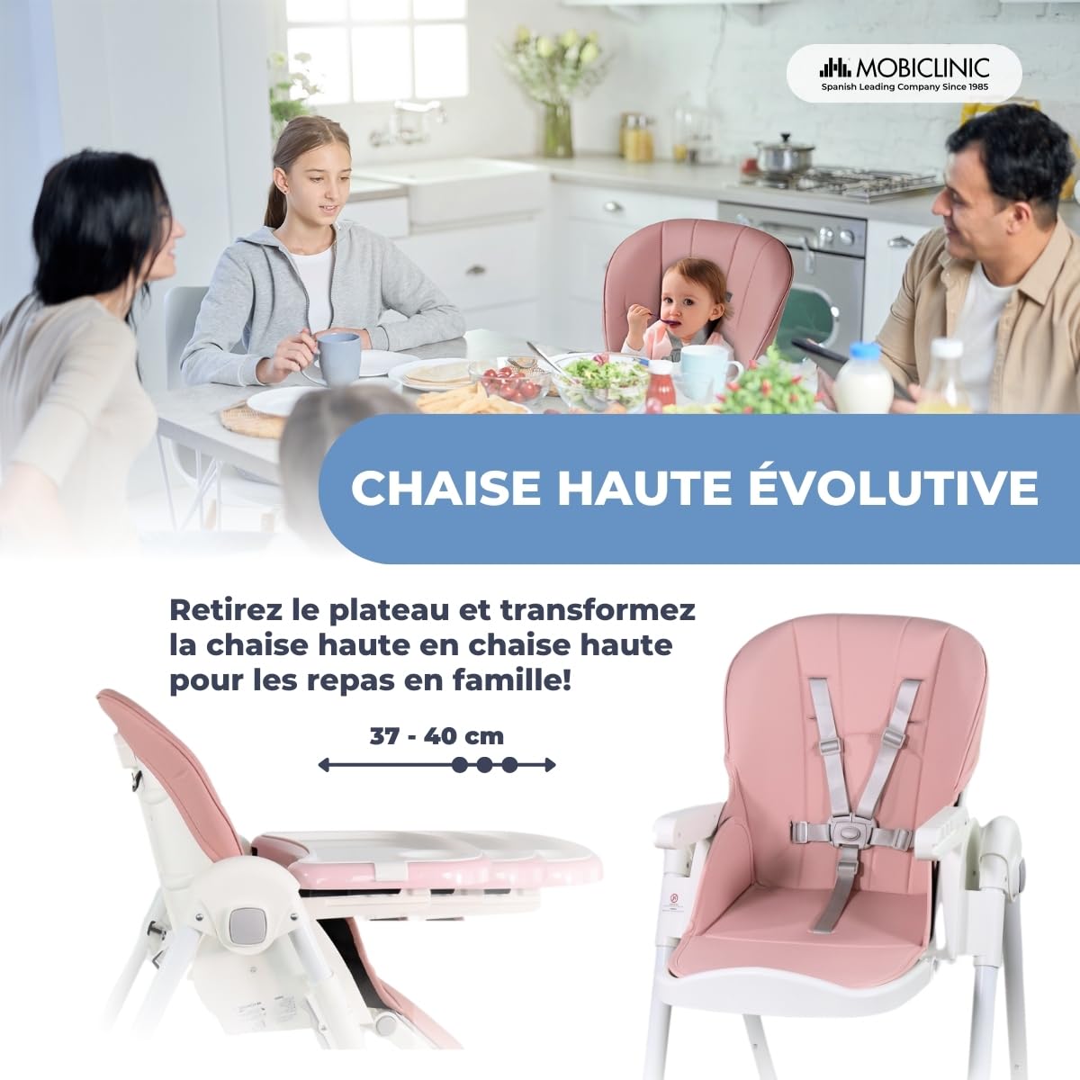 Mobiclinic® kids, Chaise haute, Évolutive, Extra pliable, Convertible en, Simba, Harnais 5 points, Roues avec freins, Double plateau amovible, Tissu lavable et, Réglable
