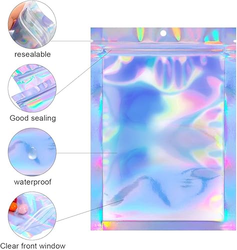 Miniatura 4 de 100 bolsas de Mylar resellables a prueba de olores de 5 x 7 pulgadas, bolsas holográficas de almacenamiento de alimentos, bolsa de aluminio de doble