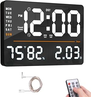 SYGNIUS Digital Wall Clock, Large Display, Dual Alarms, Automatic Brightness Dimmer- Track Time, Date, Day of Week and Temperature, with Remote Control (Square Orange)