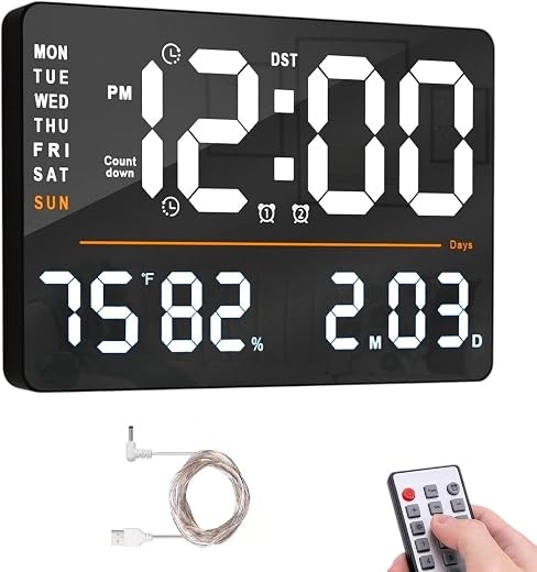 ELEXIQ Large-Digital-Wall-Clock Large Display with Remote Control, Automatic Brightness Alarm Clock with Temperature, Dat...