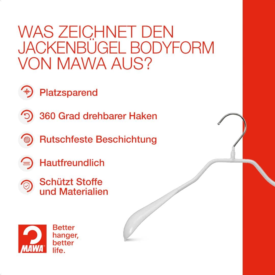 MAWA Kleiderbügel, Set mit 10 körpergeformten Metallkleiderbügeln, ideal für Mäntel, Jacken, Blazer und Anzüge, 360° drehbarer Haken, Antirutschbeschichtung, 38 cm, Weiß