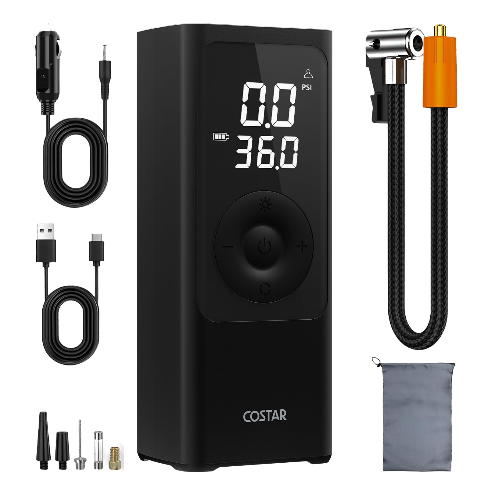 Costar Tyre Inflator for Car and Bike, Digital Air Pump for Car Tyre with 150 PSI, 6000mAh Battery & 12V DC Cord Dual Mode, Cordless Air Inflator Pump for Car, Auto Cut-Off, Multiple Nozzles-image-26