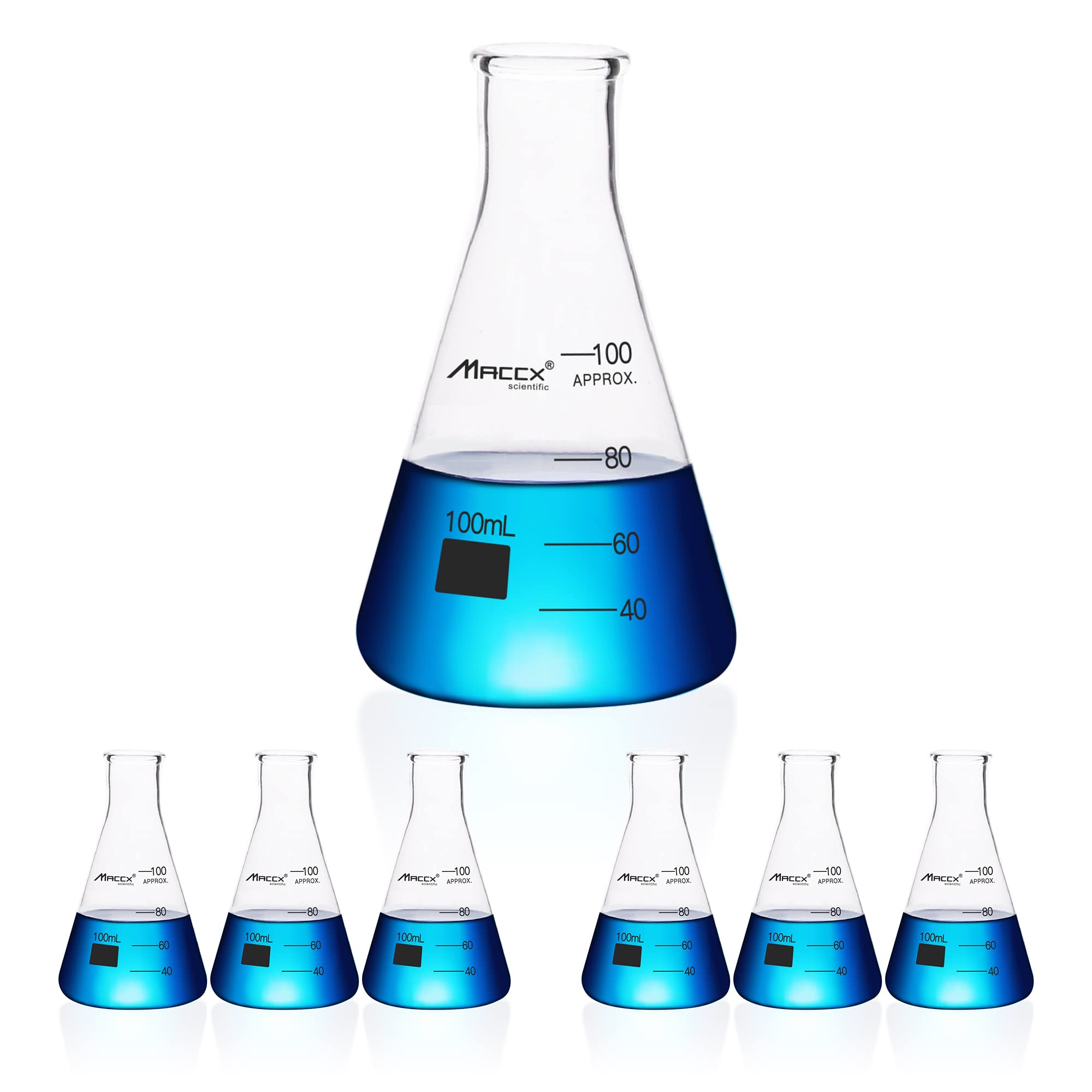 Frasco Erlenmeyer de vidrio resistente de boca estrecha de 3.3 onzas (100 ml) con graduación impresa, paquete de 6, EFN100-006