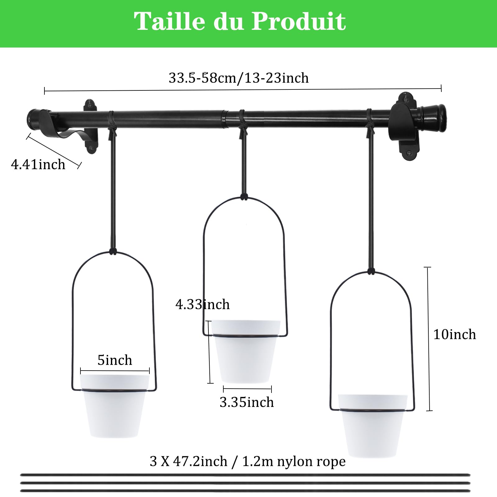 Barre de Pot de Fleurs Suspendus en Métal Réglable pour Plantes Intérieures Extérieures, 58cm Étagère de Plante Murale et Fenêtre avec 3 Pots, Tige de Support de Plante Salon Balcon Jardin